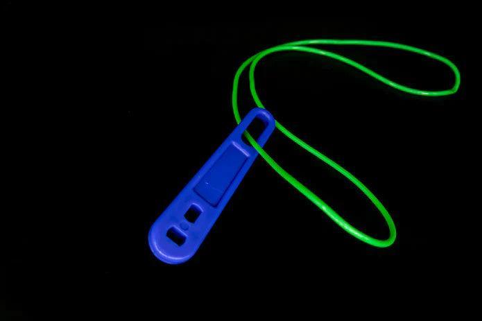 Blue plastic door opener tool with green lanyard on black background, hygiene accessory