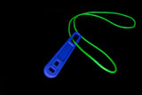 Blue plastic shoehorn with green lanyard for home care and mobility aid on black background.