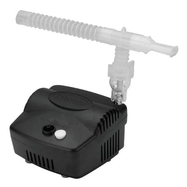 Portable black nebulizer compressor with attached clear tubing for respiratory care