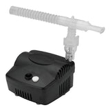 Black portable nebulizer compressor with clear tubing and mouthpiece for respiratory therapy