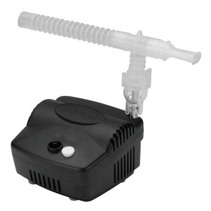 Black portable nebulizer compressor with clear tubing and mouthpiece for respiratory therapy