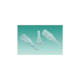 three transparent male external urinary catheters on a green background