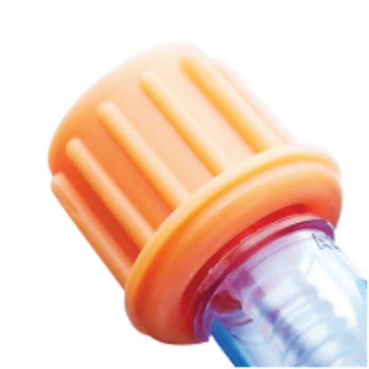 Close-up of an orange medical IV connector cap for home care or hospital use