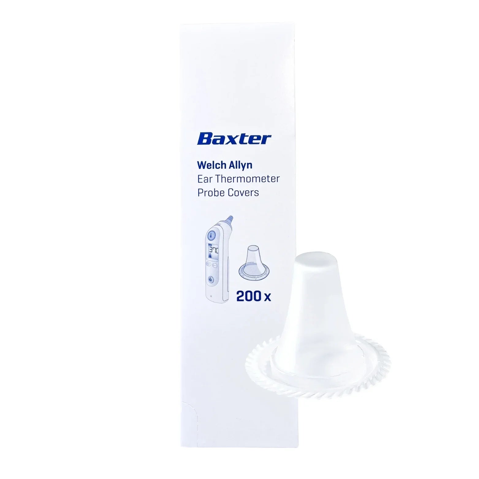 Box of Welch Allyn ear thermometer probe covers with one cover displayed in front.