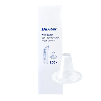 Box of Baxter Welch Allyn ear thermometer probe covers with one probe cover in front.