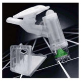 Clear plastic medical nebulizer kit with green valve on black background