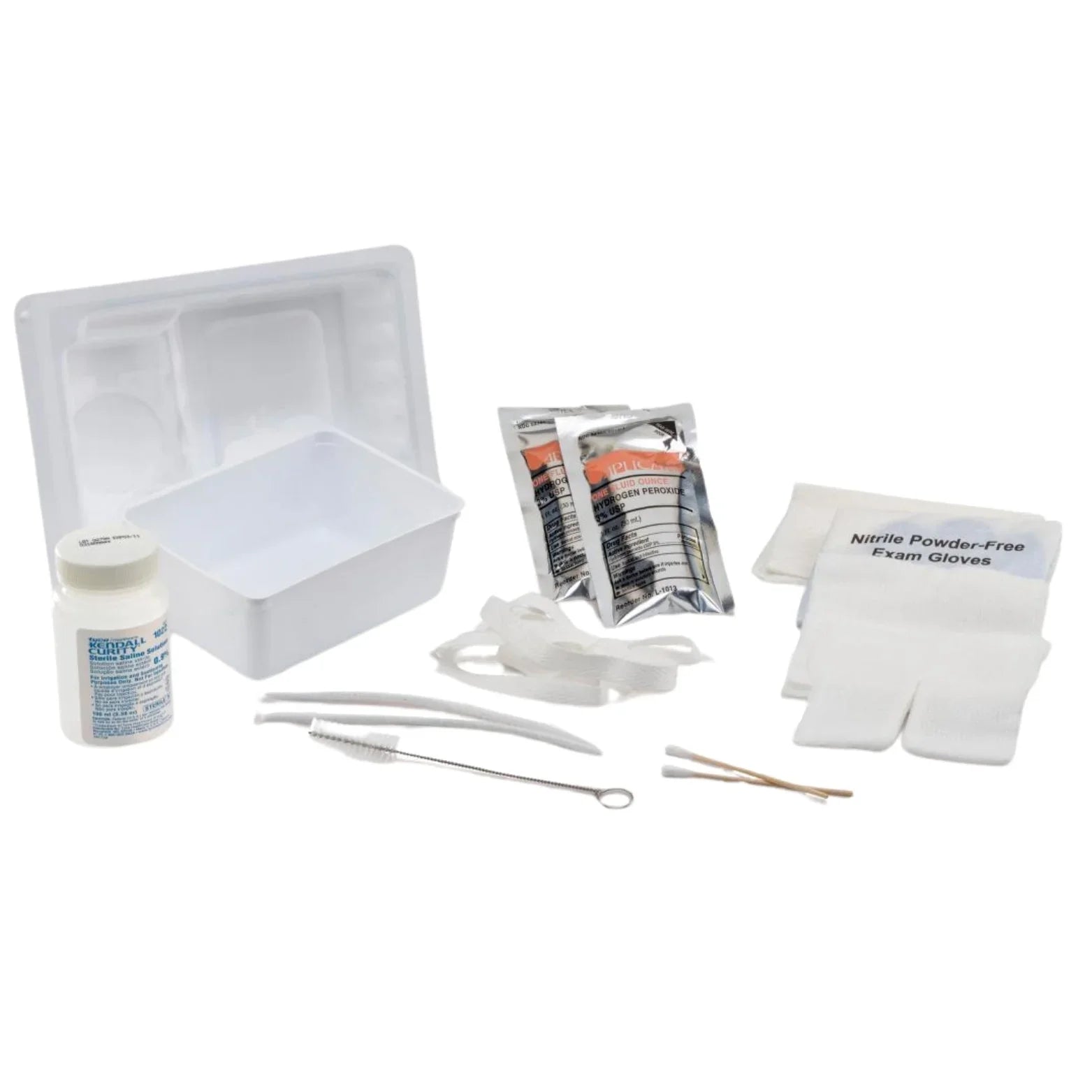 Medical wound care kit with gloves, gauze, hydrogen peroxide, tray, cotton swabs and supplies