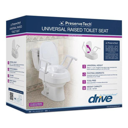 Box of universal raised toilet seat with armrests for bathroom safety, PreserveTech brand.