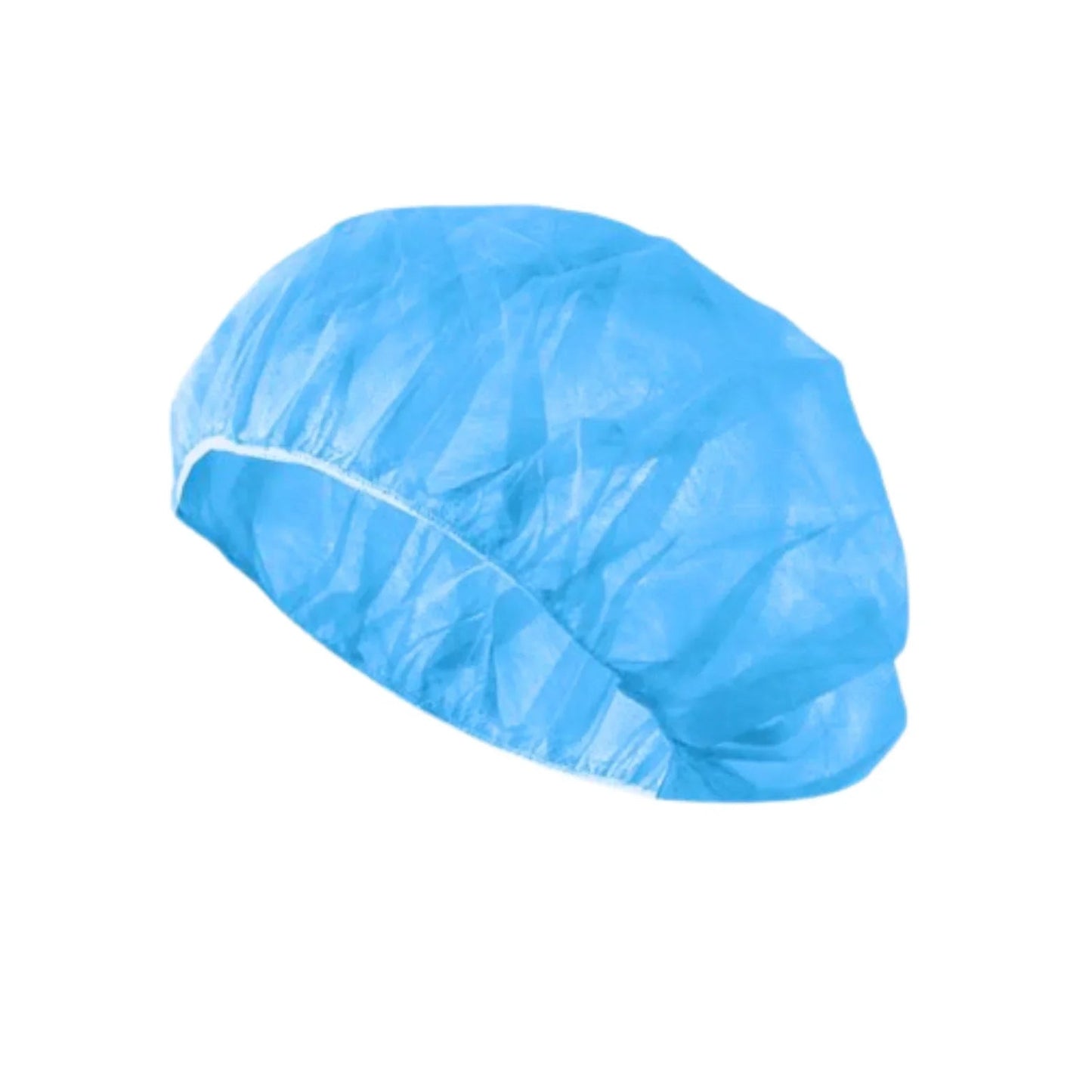 Disposable blue bouffant cap for medical and home care use, isolated on white background.
