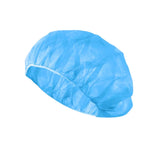 Disposable blue bouffant cap for medical and home care use, isolated on white background.