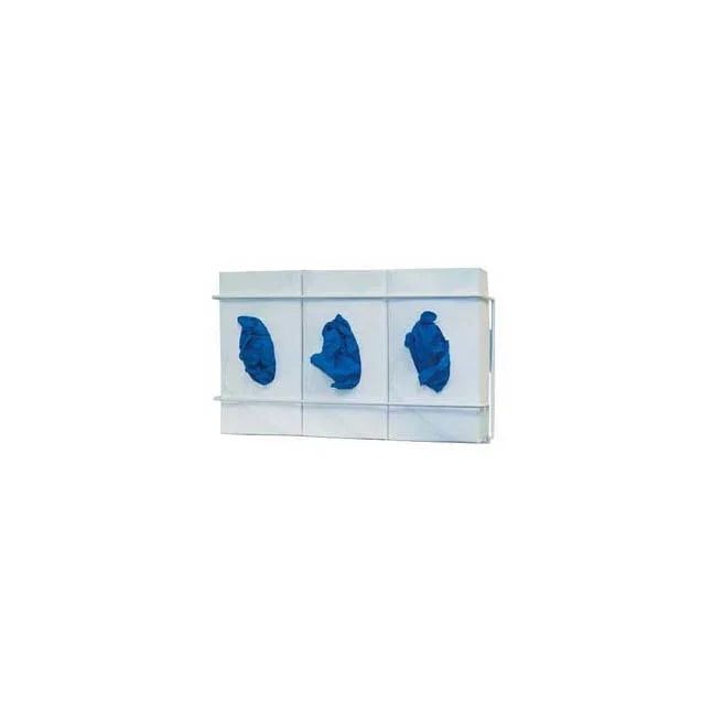 Wall-mounted triple glove dispenser holding blue disposable gloves