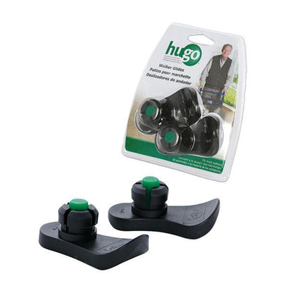 Black walker glides pair with green accents and retail packaging for mobility aid