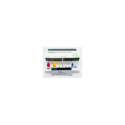 Strep A rapid test strip kit with colored reagent bottles and test cassette on white background