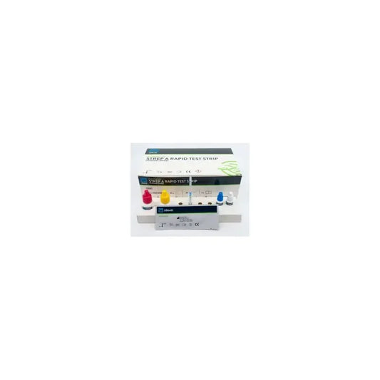 Strep A rapid test strip kit with colored reagent bottles and test cassette on white background