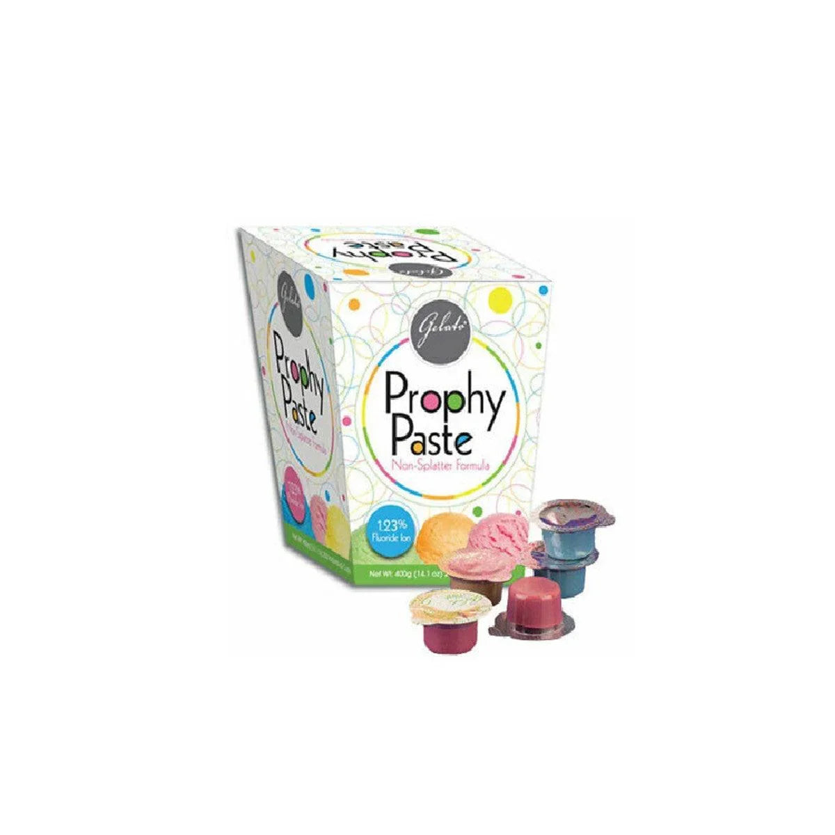 Dental prophy paste box with fluoride, assorted colored prophy cups, mint flavor