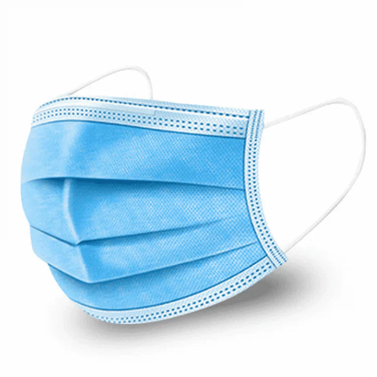 Blue disposable medical face mask with white ear loops, ideal for PPE and home care use