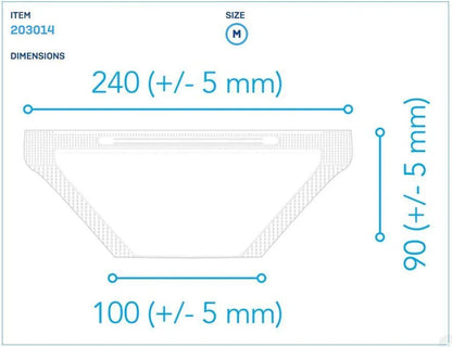 Surgical respirator size M dimensions chart with width 240mm, height 90mm, depth 100mm.