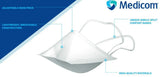 White surgical N95 respirator mask with adjustable nose piece and comfort bands
