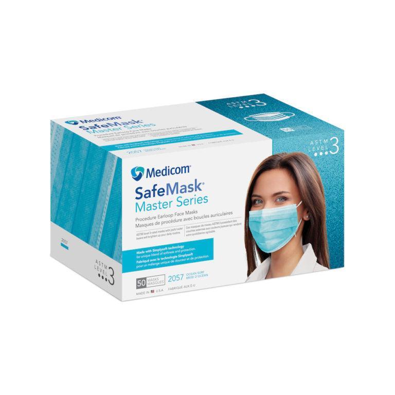 Box of blue level 3 procedure earloop face masks with a woman wearing a mask on the packaging
