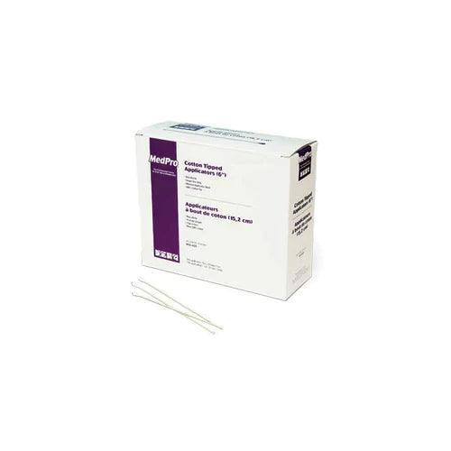 Box of sterile 6 inch cotton tipped applicators with three applicators displayed