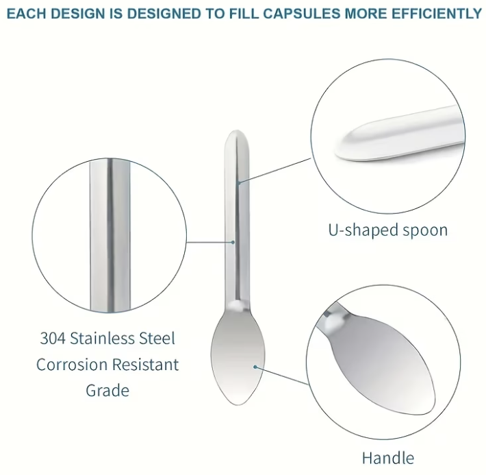 304 stainless steel U-shaped capsule filling spoon, corrosion resistant, ergonomic handle for efficient filling