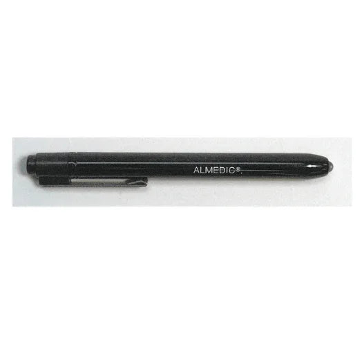 Black reusable penlight with clip for medical and clinical use, batteries not included