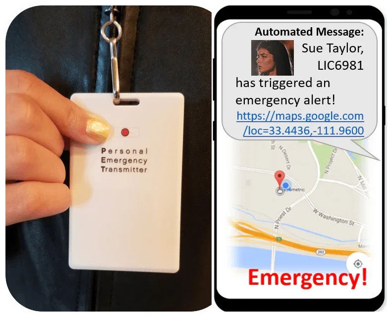 Personal emergency transmitter device and emergency alert notification with location map on smartphone.