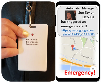 Personal emergency transmitter device and emergency alert notification with location map on smartphone.