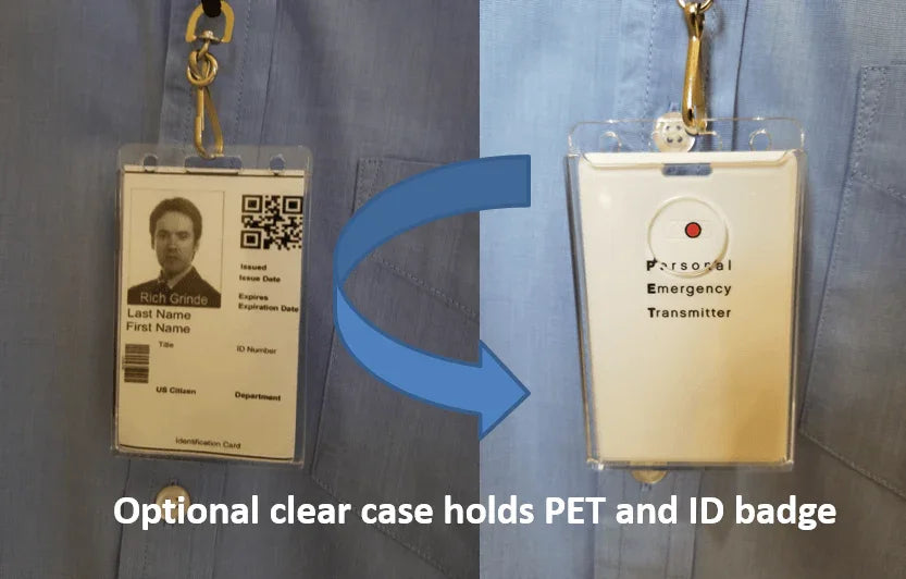 Clear badge holder with ID card and personal emergency transmitter on a lanyard