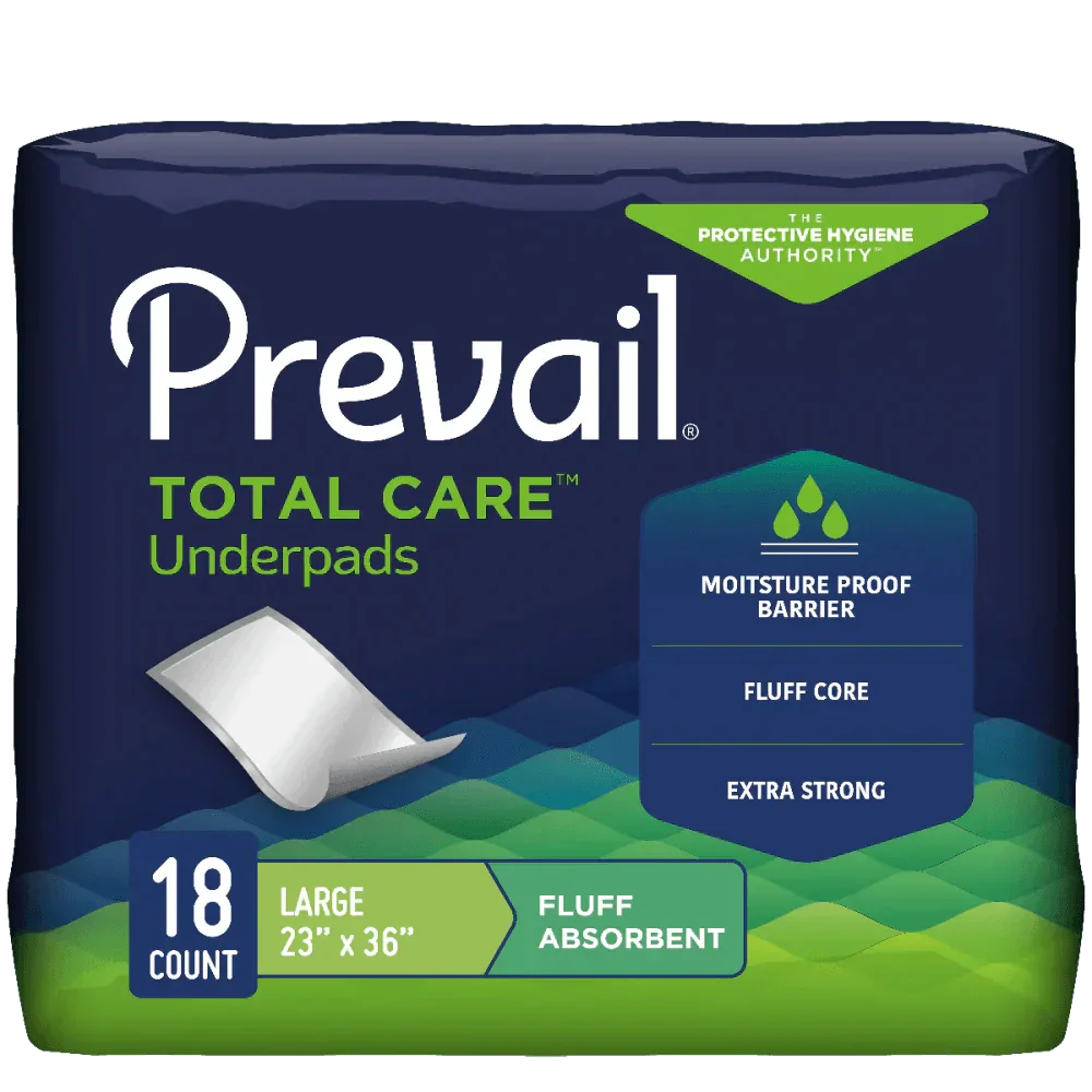 Prevail Total Care underpads package, large 23x36 inch, 18 count, for incontinence