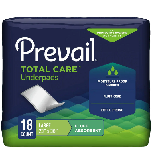 Prevail Total Care underpads package, large 23x36 inch, 18 count, for incontinence