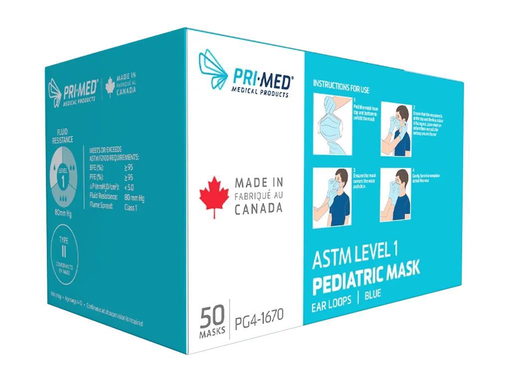 Box of blue pediatric ASTM Level 1 face masks with ear loops, 50 count, made in Canada