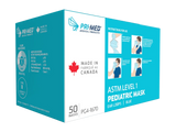 Box of blue pediatric ASTM Level 1 face masks with ear loops, 50 count, made in Canada
