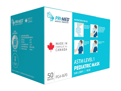 Box of blue pediatric ASTM Level 1 face masks with ear loops, 50 count, made in Canada