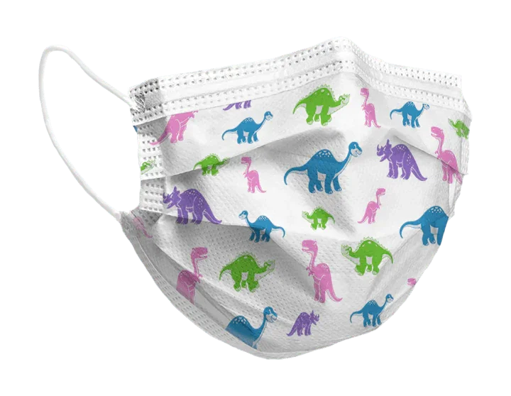 Kids face mask with colorful dinosaur print, disposable, three-layer protective mask