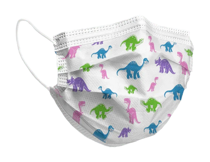 Kids face mask with colorful dinosaur print, disposable, three-layer protective mask