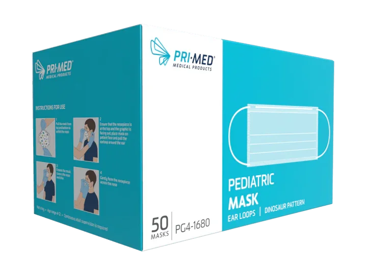 Box of pediatric face masks with ear loops, dinosaur pattern, 50 masks, level 1 for kids