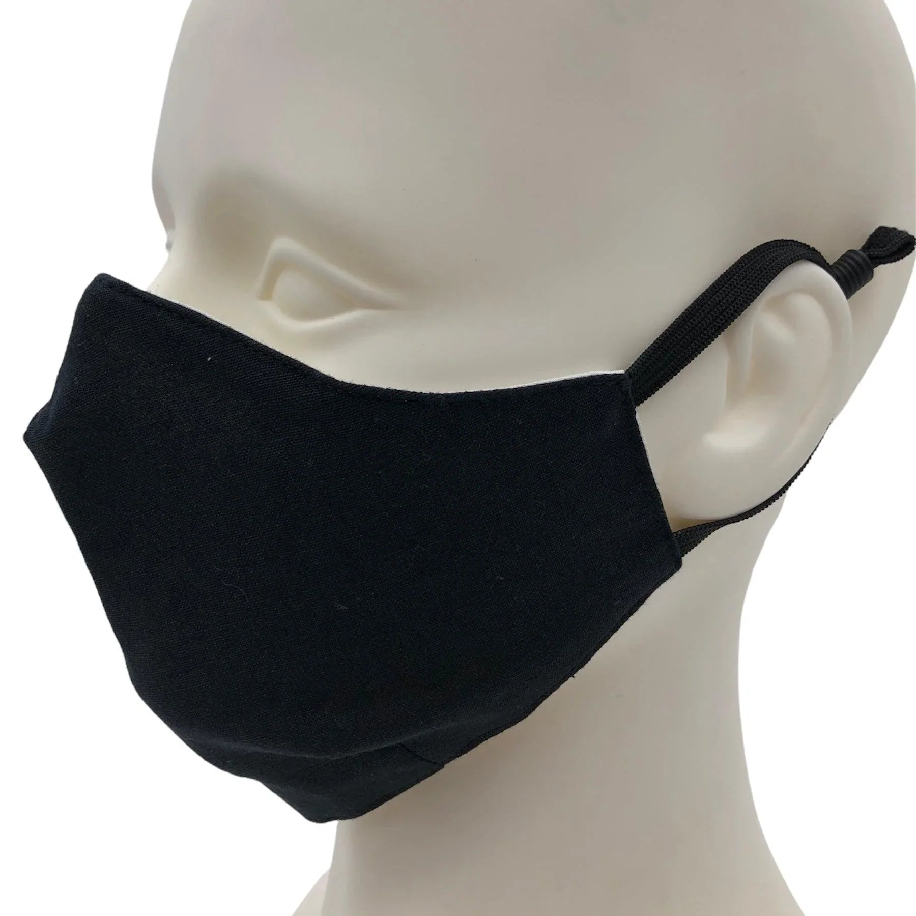 Black 100 percent cotton reusable cloth face mask with adjustable ear loops on mannequin