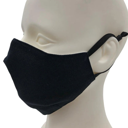 Black 100 percent cotton reusable cloth face mask with adjustable ear loops on mannequin