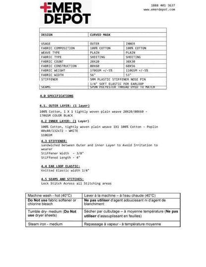 Curved mask specification sheet showing 100% cotton, black, with nose pin and ear loops.