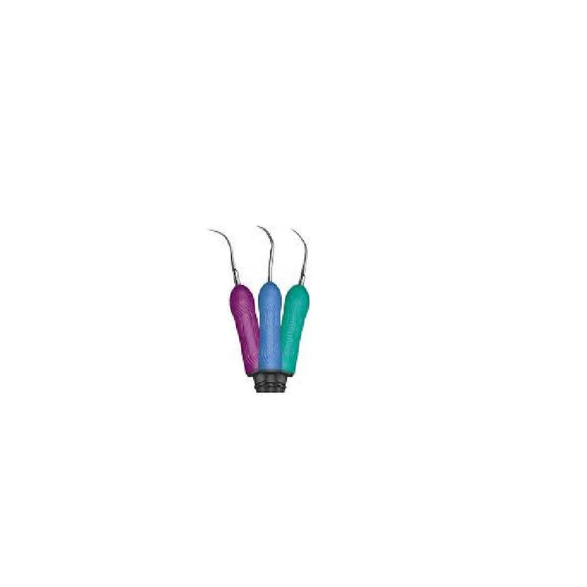 Three colorful ultrasonic dental scaler inserts with curved metal tips on white background