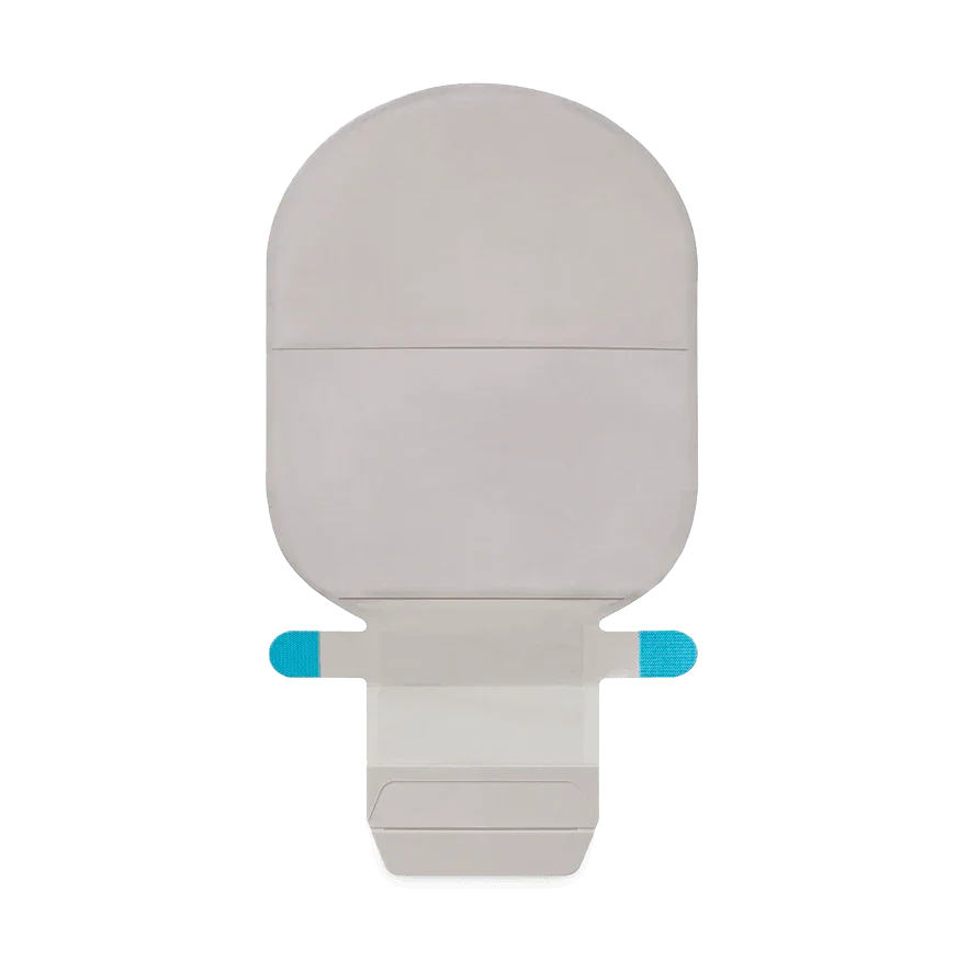 Drainable one-piece ostomy pouch with closure tabs, for colostomy or ileostomy care