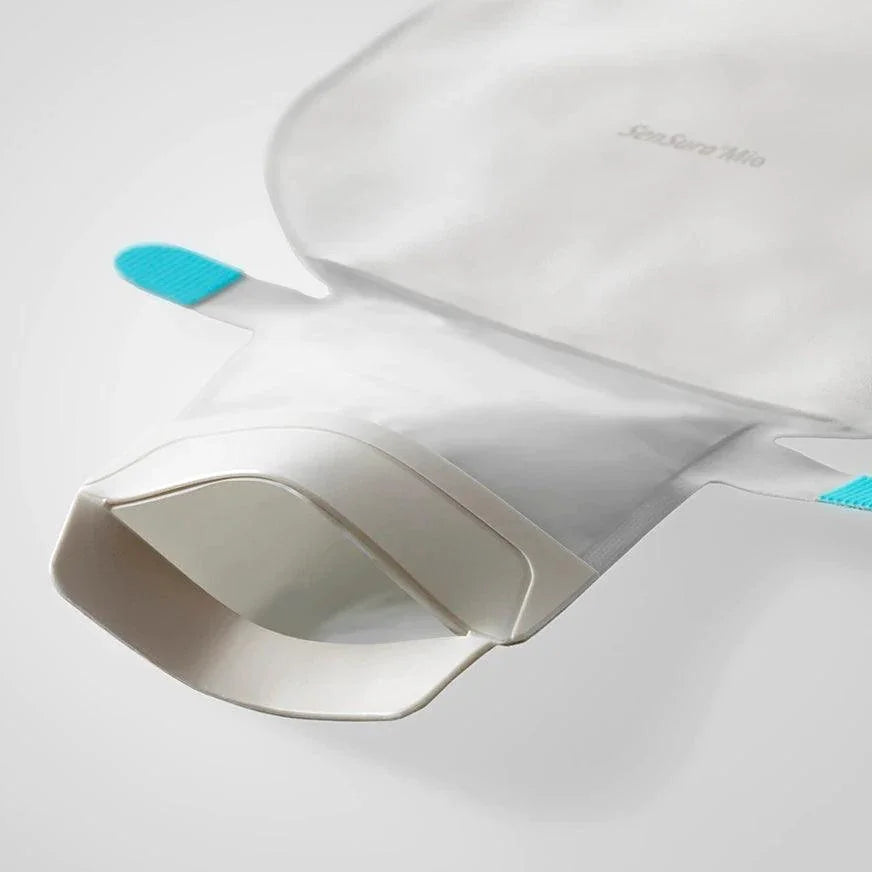 One-piece drainable ostomy pouch with aqua tabs and wide opening on a white background