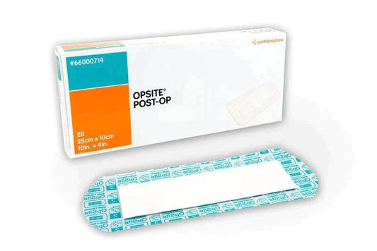 Sterile post-op wound dressing 25cm x 10cm with adhesive, shown with product box