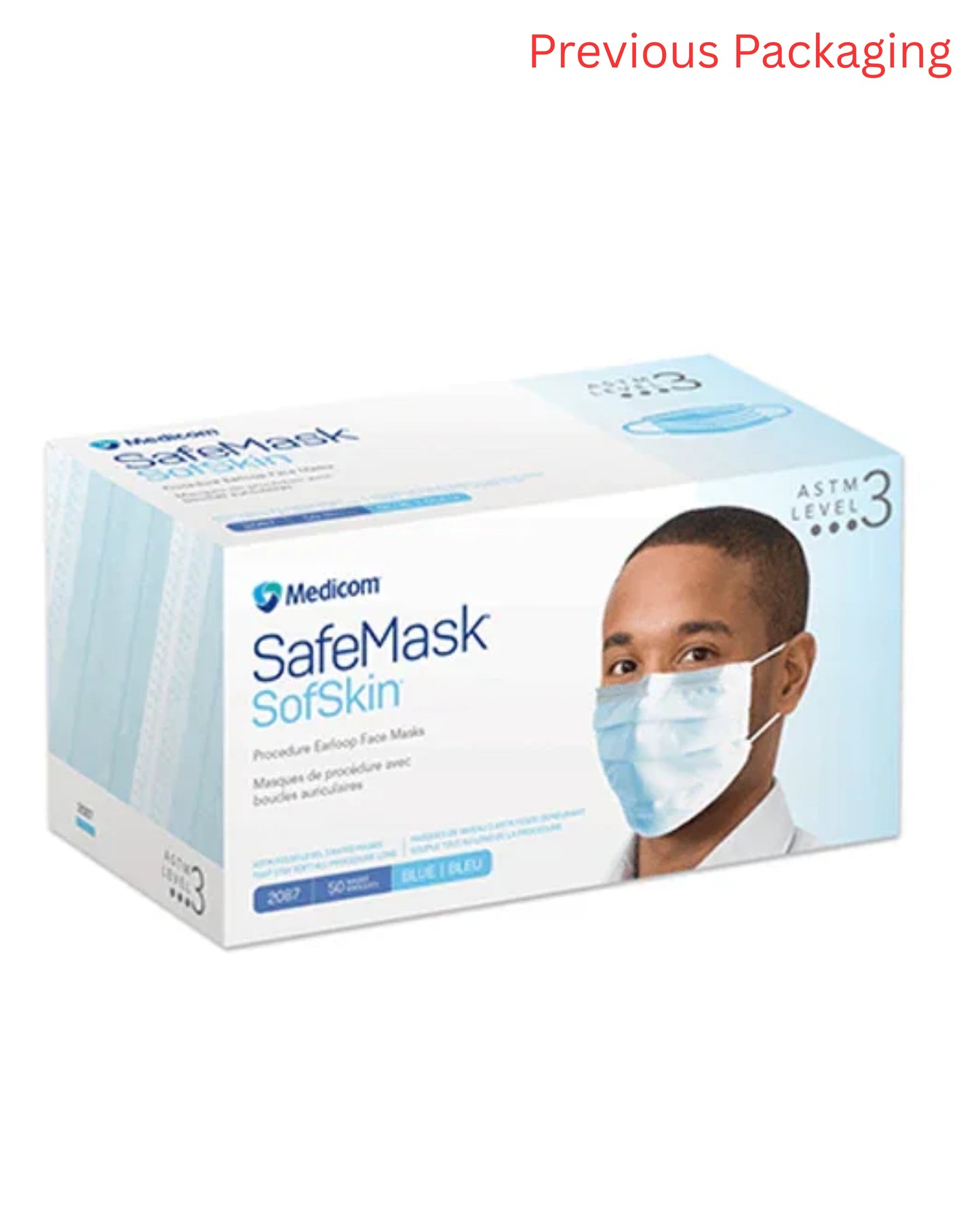 Medicom SafeMask SofSkin ASTM Level 3 procedure face masks, blue earloop, 50 count box