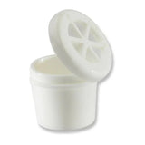 White tracheostomy speaking valve with open lid on plain background