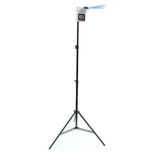Adjustable black tripod stand with mounted digital infrared thermometer for temperature screening