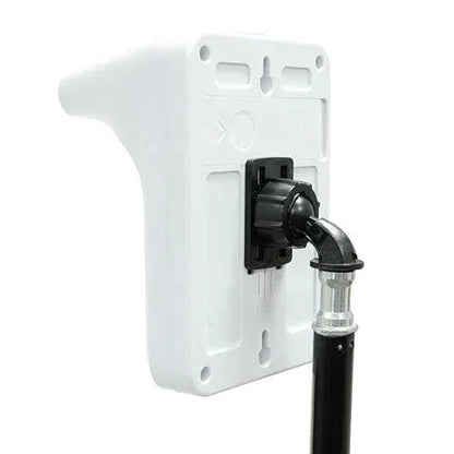 Adjustable white telescope stand mount with black connector on a white background