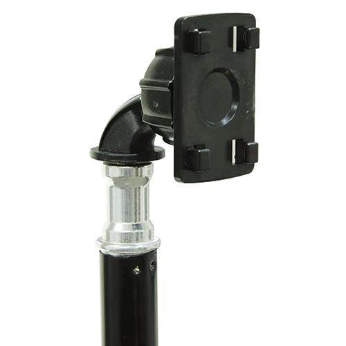 Adjustable black and silver telescope stand with mounting plate for medical equipment