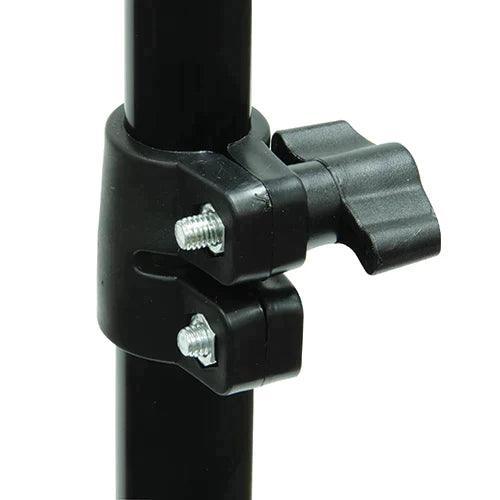 Close-up of adjustable black telescope stand clamp with tightening knob and bolts